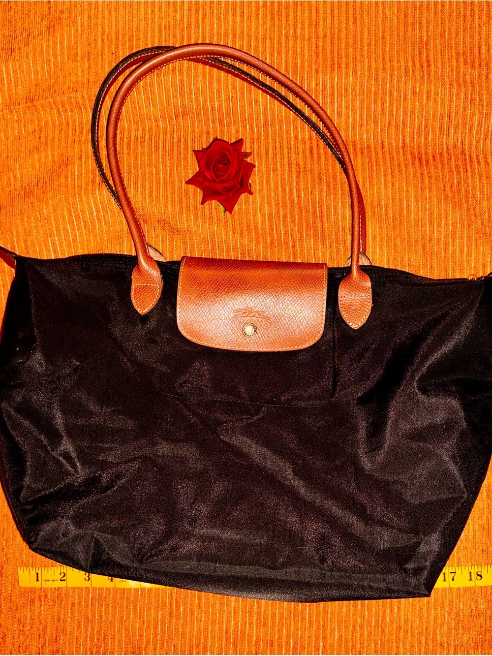 Longchamp Black Tote with Brown Leather Trim